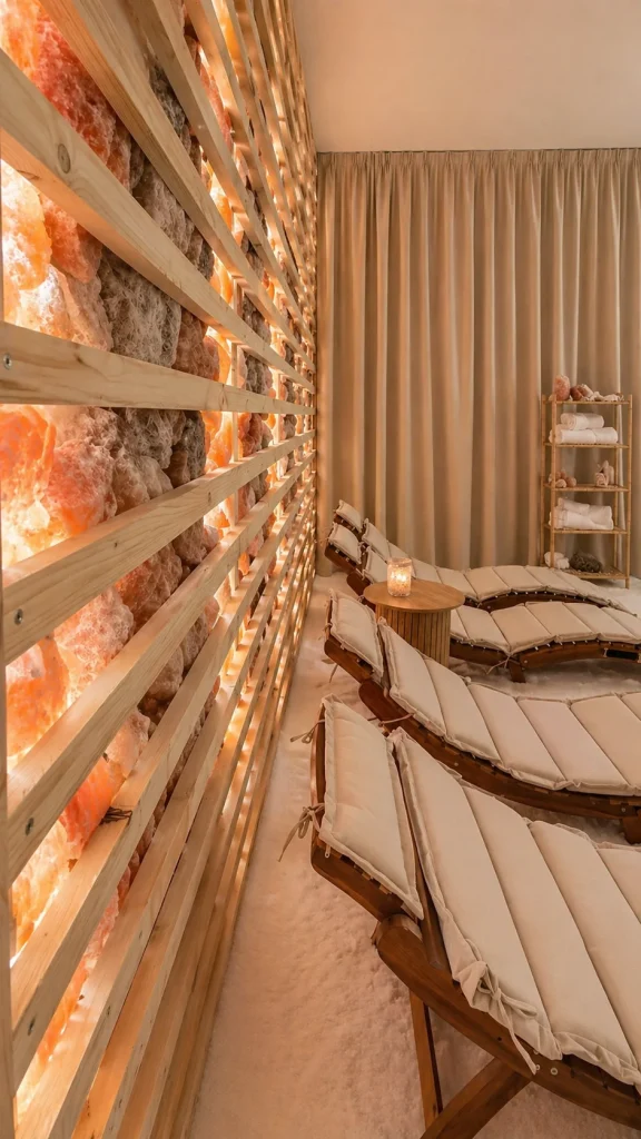 Salt Room | Haloterapia Martin | Soľná jaskyňa | Detail na podsvietenú soľnú stenu pred ktorou sú lehátka
